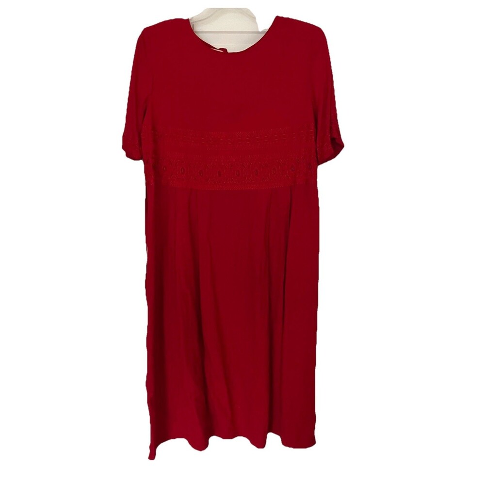 Vintage Sarah Elizabeth Dress 16W Red Midi Dress Embroidered Prairie